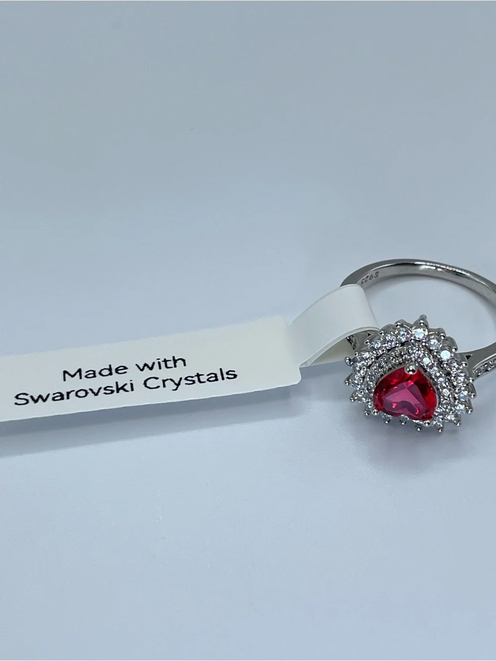 Swarovski Crystal Elements Ruby Red Heart Crystal White Halo Statement Ring Sz 8